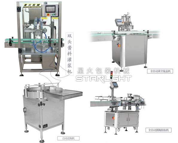 全自動辣椒醬灌裝包裝生產(chǎn)線,醬料灌裝旋蓋貼標(biāo)一體機